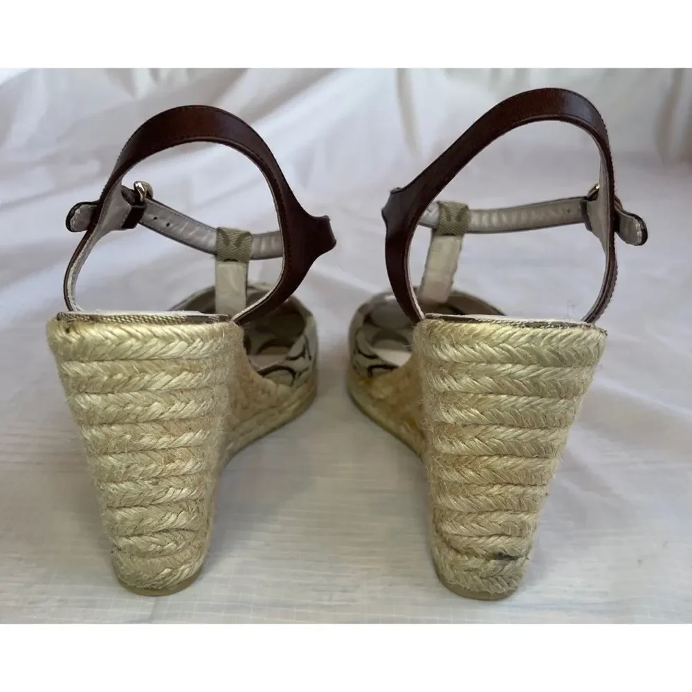 Coach Brown Jacquard Fabric Logo Peep Toe Sling back Wedge Shoe Sz 9
